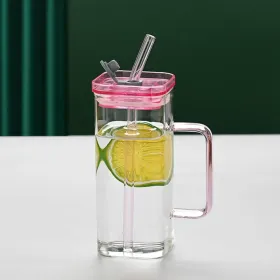 1 Pcs Pink Glass Straw Cup, 6 Colors Square Glass Cup With Straw And Lid, High Borosilicate Glass Cup, Milk Cup, Juice Cup, Cold Drink Cup, Coffe (Option: Pink)