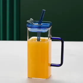 1 Pcs Blue Glass Straw Cup, 6 Colors Square Glass Cup With Straw And Lid, High Borosilicate Glass Cup, Milk Cup, Juice Cup, Cold Drink Cup, Coffe (Option: Blue)