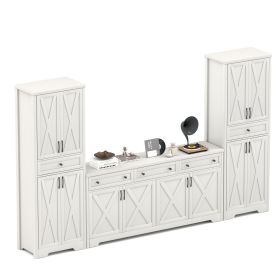 TV Cabinet Set Multifunctional TV Wall, One TV Cabinet And Two Sideboards For Living Room, White, 113.5L X 15W X 68H. (Option: White)