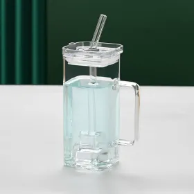 1 Pcs Transparent Glass Straw Cup, 6 Colors Square Glass Cup With Straw And Lid, High Borosilicate Glass Cup, Milk Cup, Juice Cup, Cold Drink Cup (Option: Transparent)